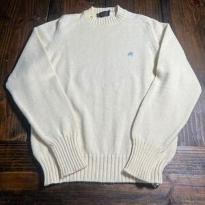 Saddlebred Mens Cream Knit Crewneck Sweater Blue Horse, Vintage, grandpa